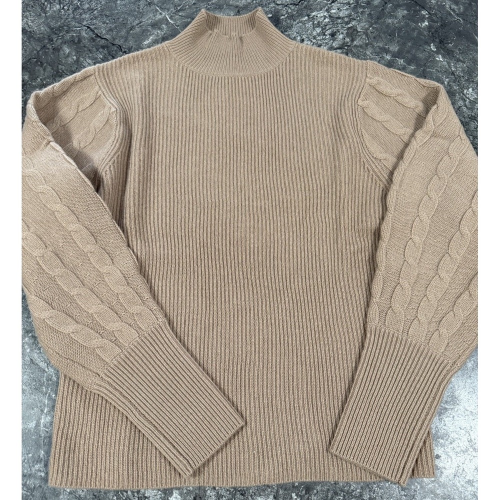 Magashoni Womens Mock Neck Ribbed Cashmere Wool Sweater Cableknit Puff Sleeves L